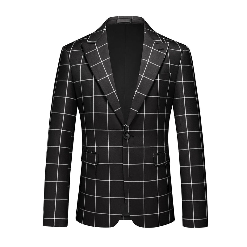 Men’s Slim Fit Black Plaid One Button Casual Blazer