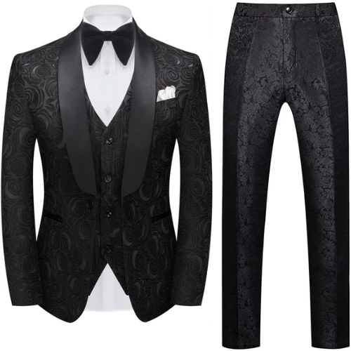 Men's 3-Piece Black Rose Embroidery Shawl Lapel Wedding Tuxedo