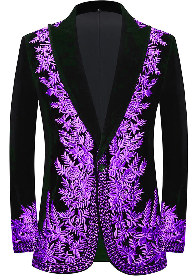 Men's Luxury Purple Embroidered Black Velvet Tuxedo