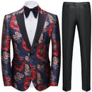 Blazer con solapa de pico y estampado floral rojo y dorado para hombre