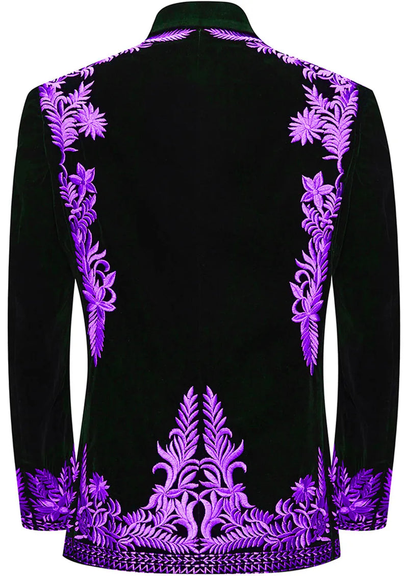 Men's Luxury Purple Embroidered Black Velvet Tuxedo