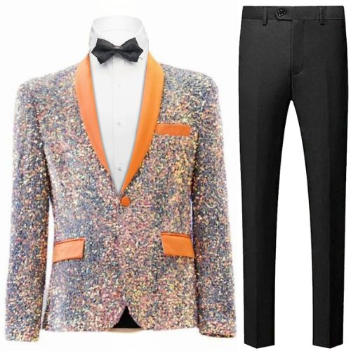 Men's Shawl Collar Sequins Orange Tuxedo