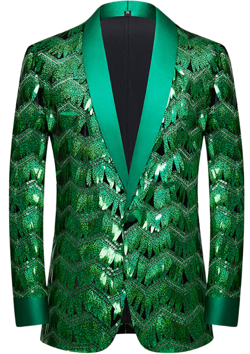 Men's One-Button Geometric Sequin Green Jacket