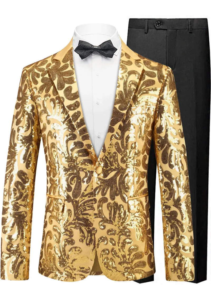 Men's Gold Sequin Paisley Embroidered Suit Jacket with Flat Notch Lapel