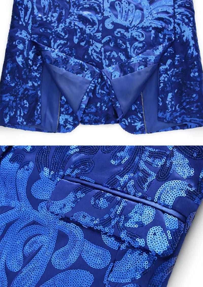 Men's Navy Sequin Paisley Embroidered Suit Jacket with Flat Notch Lapel