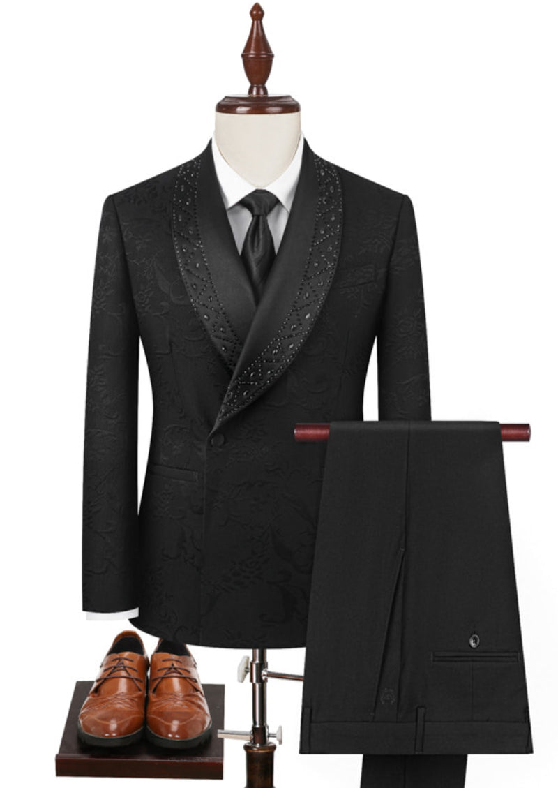 Men’s Black 2-Piece Jacquard Embroidered Tuxedo Set with Diamond Shawl Collar