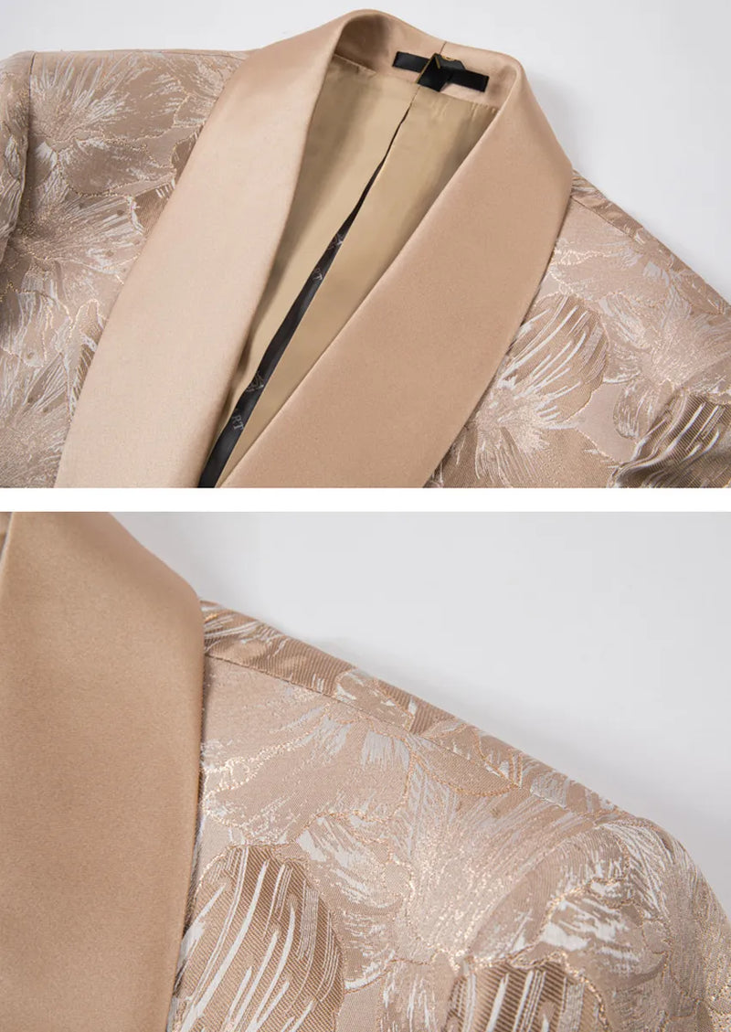 Traje de boda de 3 piezas en jacquard dorado color champán para hombre