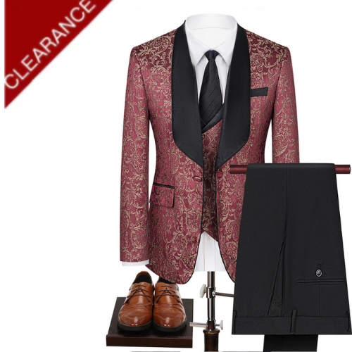 Men's 3-Piece Vintage Style Gold Damask Jacquard Burgundy Suit