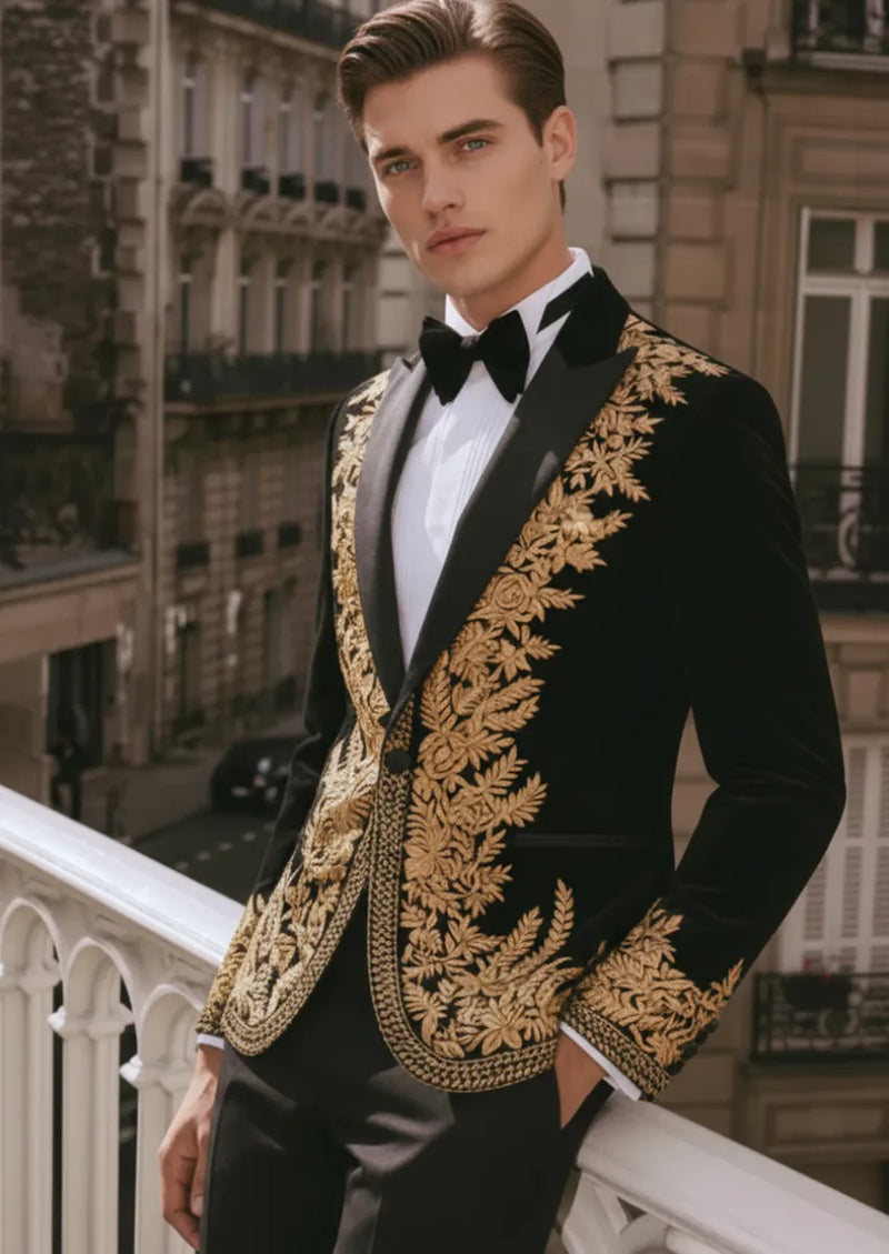 Men's Luxury Gold Embroidered Black Velvet Tuxedo Blazer