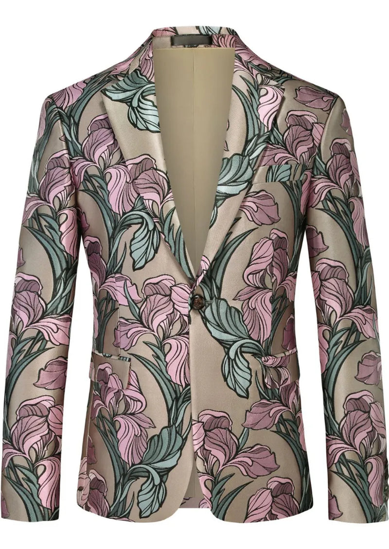 Men's One-Button Floral Jacquard Pink Suit