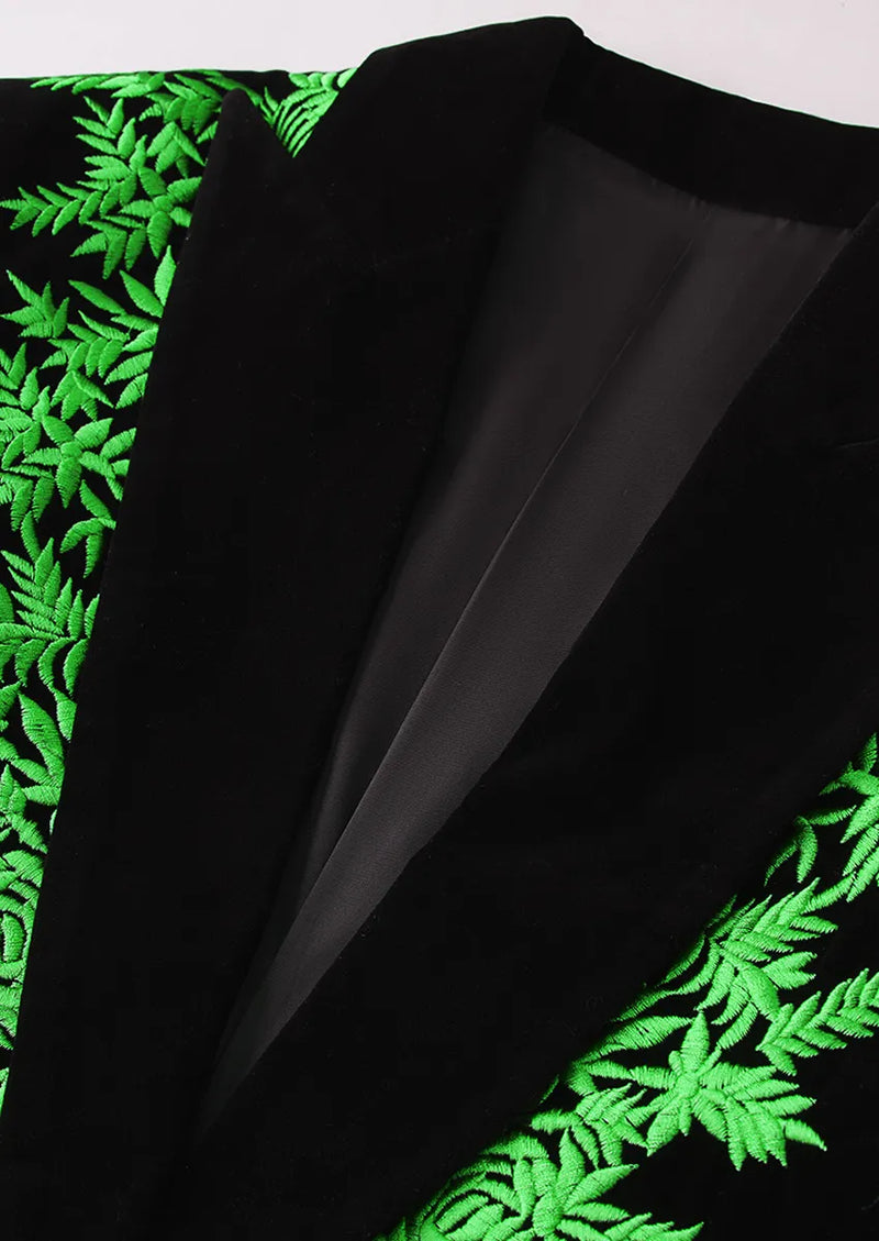 Men's Luxury Green Embroidered Black Velvet Tuxedo