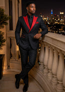 Black Jacquard & Red Lapel Tuxedo (3-Piece)