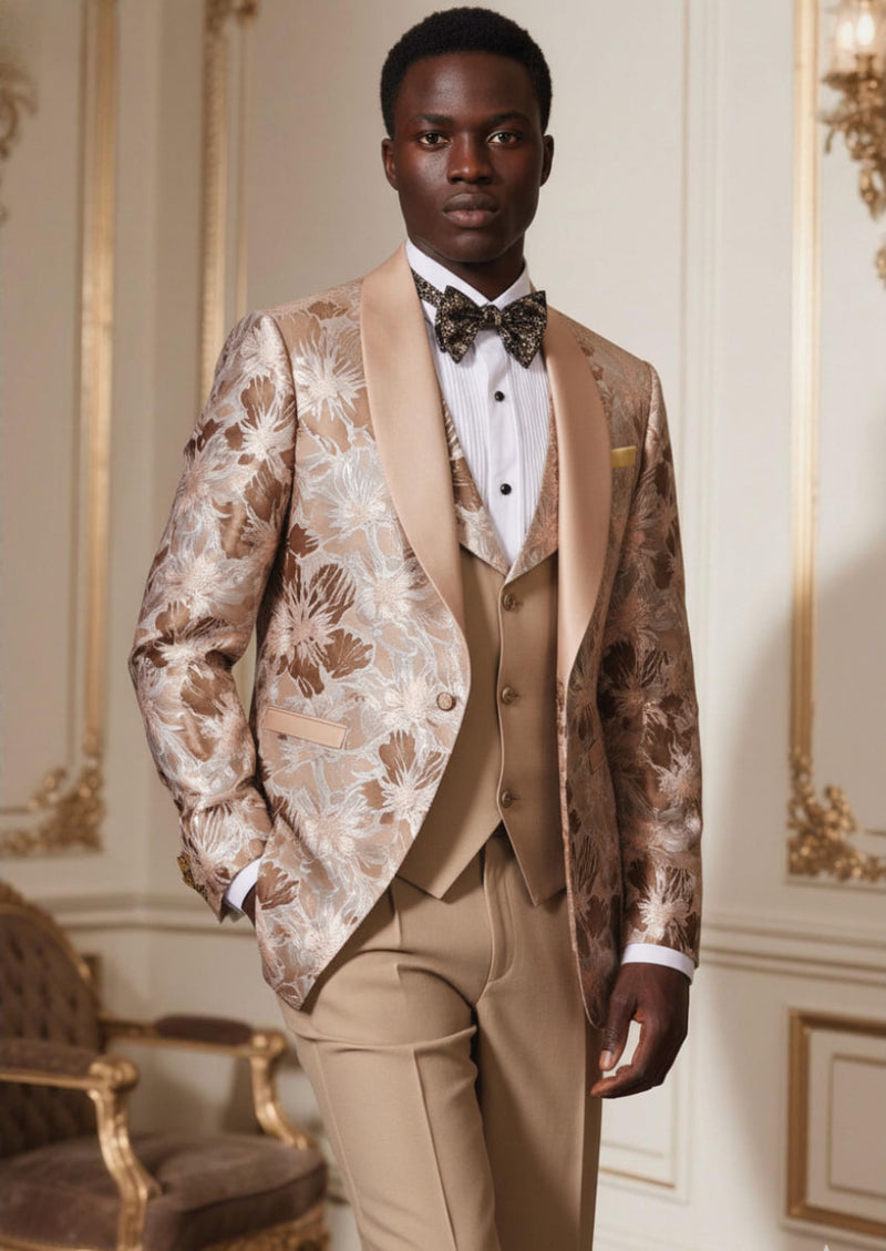 Costume de mariage 3 pièces pour homme en jacquard doré champagne