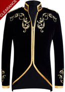 Men's Damask Embroidery Court Madarin Collar Black Jacket with Golden Zipper