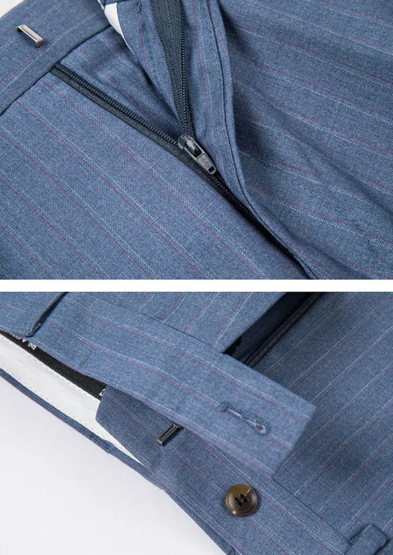 Traje azul marino claro a rayas de 3 piezas para hombre con chaleco color café