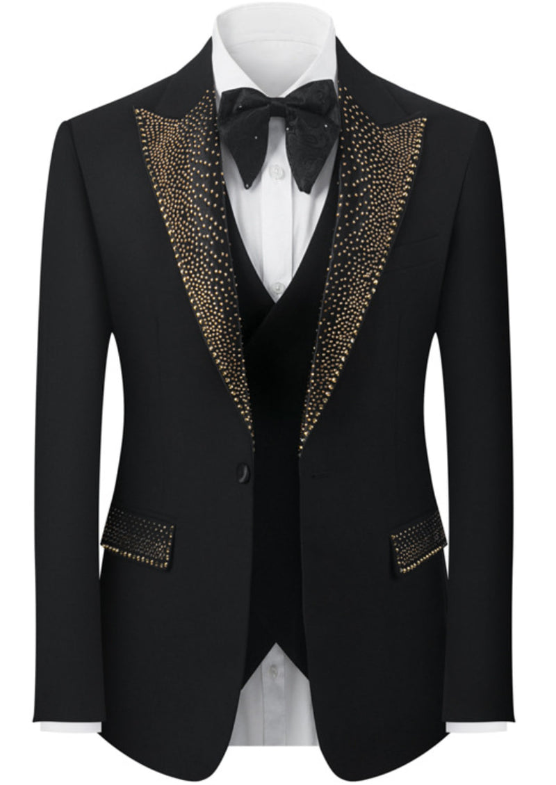 Men’s Black 3-Piece Diamond Peak Lapel Dress Tuxedo Set