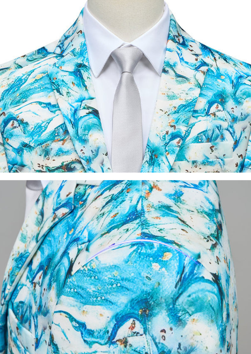 Men’s 2-Piece Fashion Print Blue Suit for Party