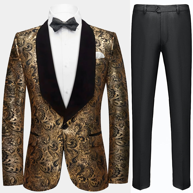Men's Black Gold Paisley Suit with Velvet Shawl Lapel
