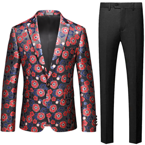 Men's Stylish Flower-Print One-Button Red Blazer