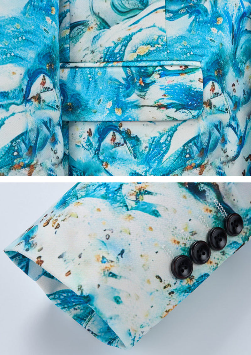 Men’s 2-Piece Fashion Print Blue Suit for Party