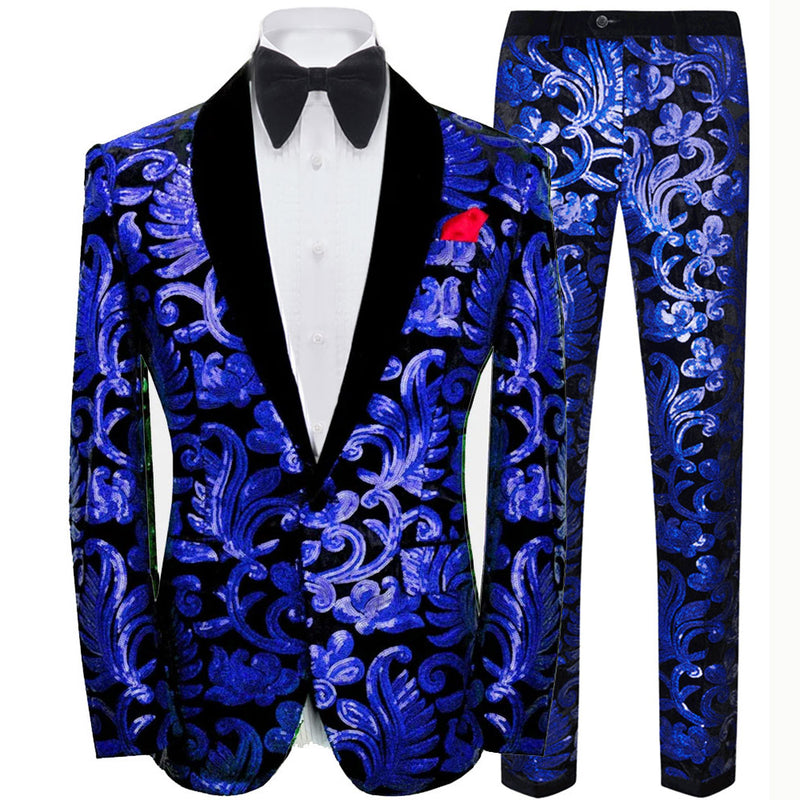 Men's 2-Piece Sparkle Floral Blue Sequin Suit