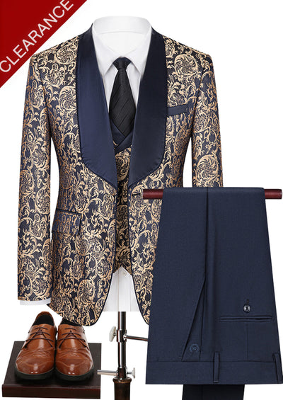 Men's 3-Piece Vintage Style Gold Damask Jacquard Navy Blue Suit