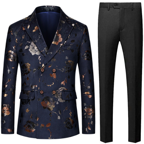 Men's Double-breasted Gold-plated Jacquard Navy Blazer