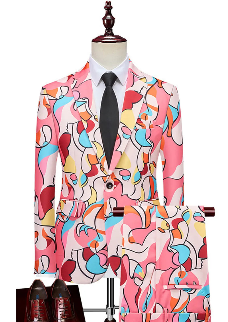Men's Pink Geometric Print 2-Piece Suit Set Men's Pink Geometric Print 2-Piece Suit Set