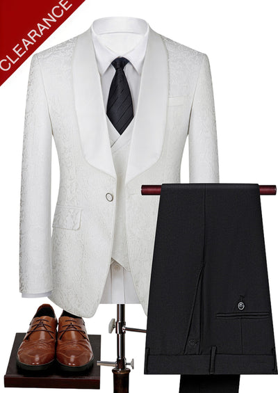 Men's 3-Piece Floral Jacquard Wedding White Suit