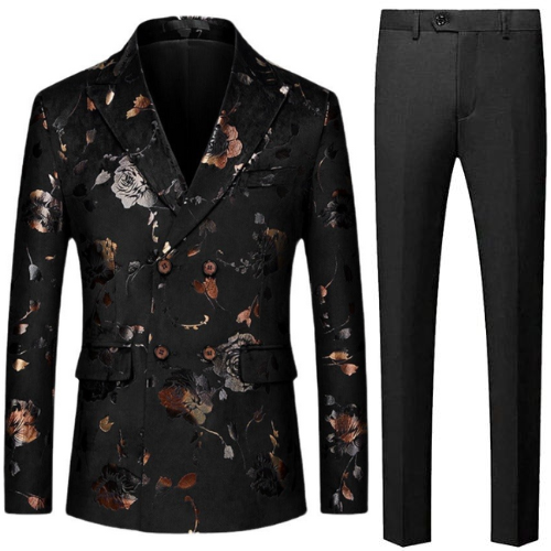 Men's Double-breasted Gold-plated Jacquard Black Blazer