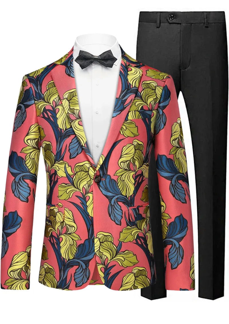 Men's Floral Jacquard Red Suit Jacket with One Button