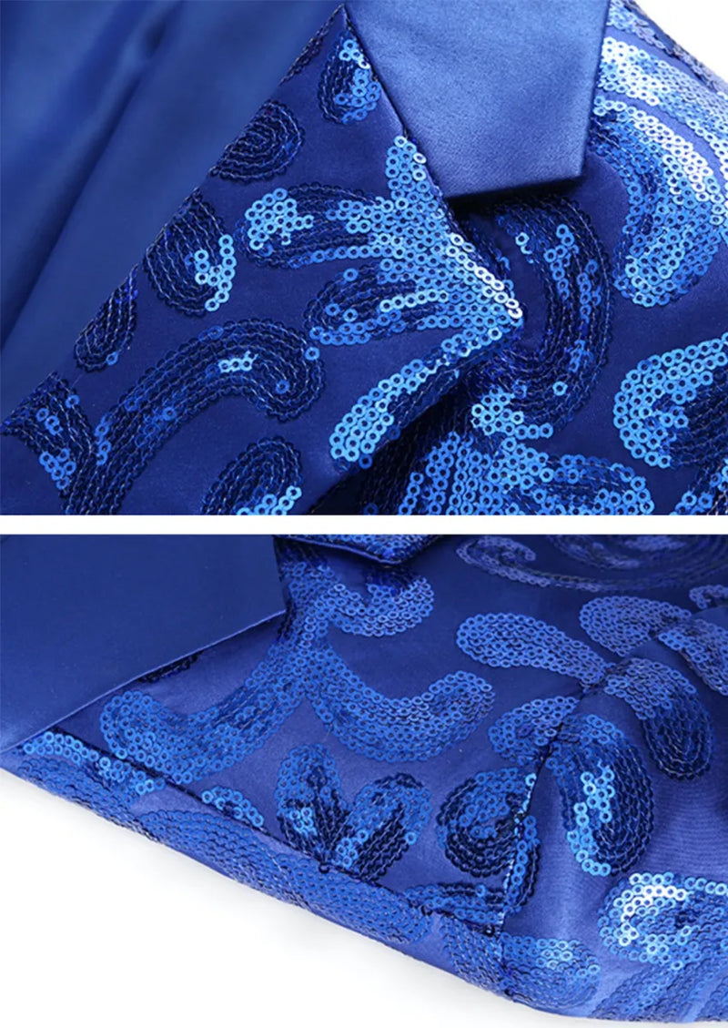 Men's Navy Sequin Paisley Embroidered Suit Jacket with Flat Notch Lapel