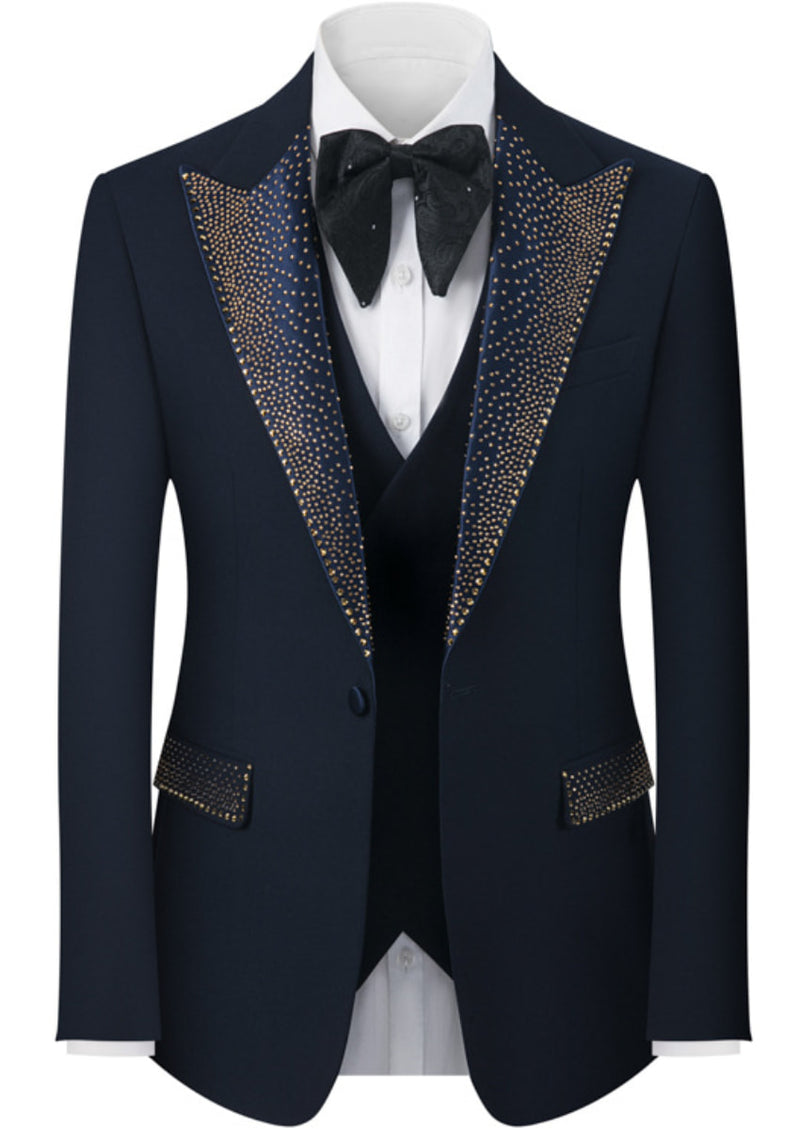 Men’s Navy 3-Piece Diamond Peak Lapel Dress Tuxedo Set