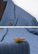 Costume 3 pièces pour homme, bleu marine clair à rayures, avec gilet couleur café