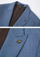 Costume 3 pièces pour homme, bleu marine clair à rayures, avec gilet couleur café