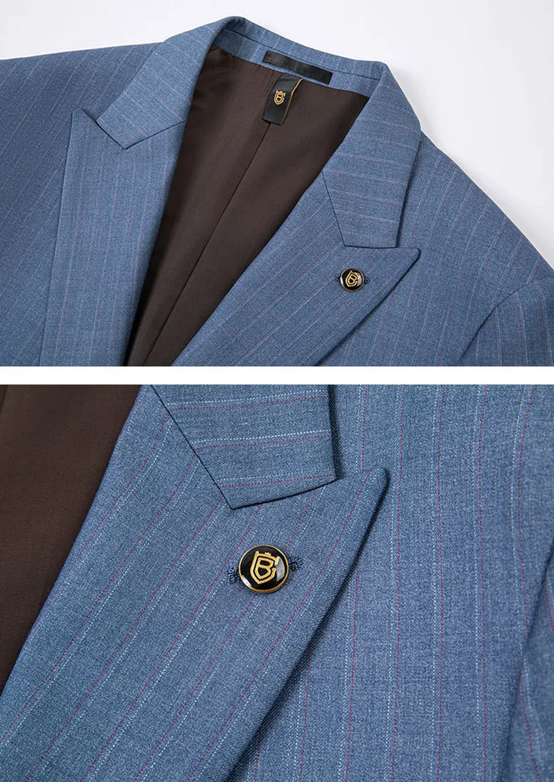 Traje azul marino claro a rayas de 3 piezas para hombre con chaleco color café