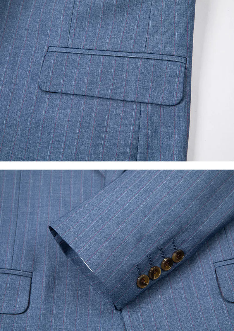 Traje azul marino claro a rayas de 3 piezas para hombre con chaleco color café