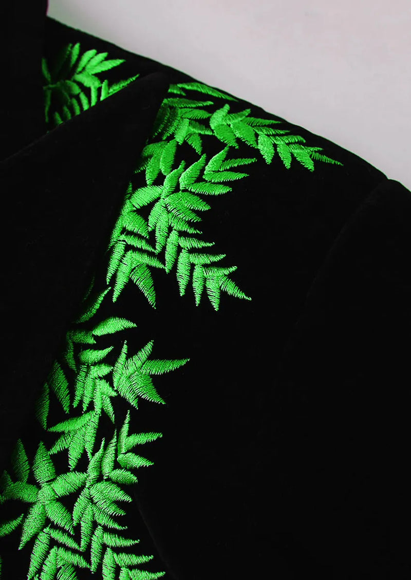 Men's Luxury Green Embroidered Black Velvet Tuxedo