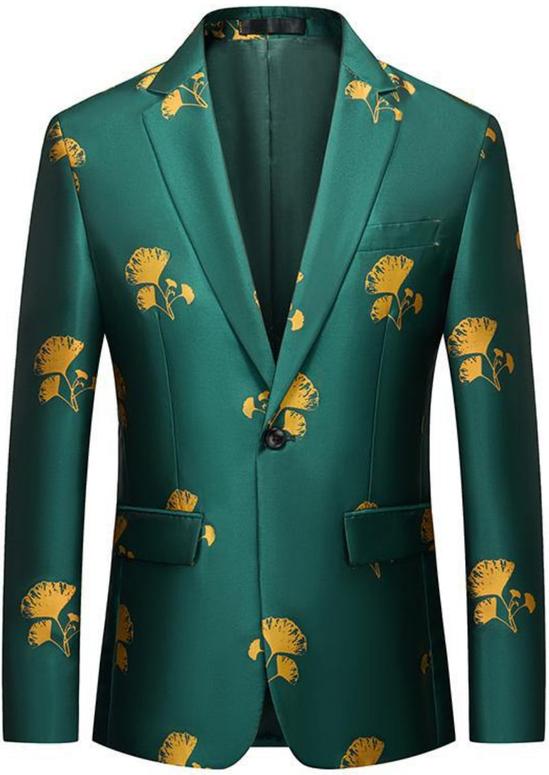 Veste de smoking verte à motif feuille de ginkgo pour homme