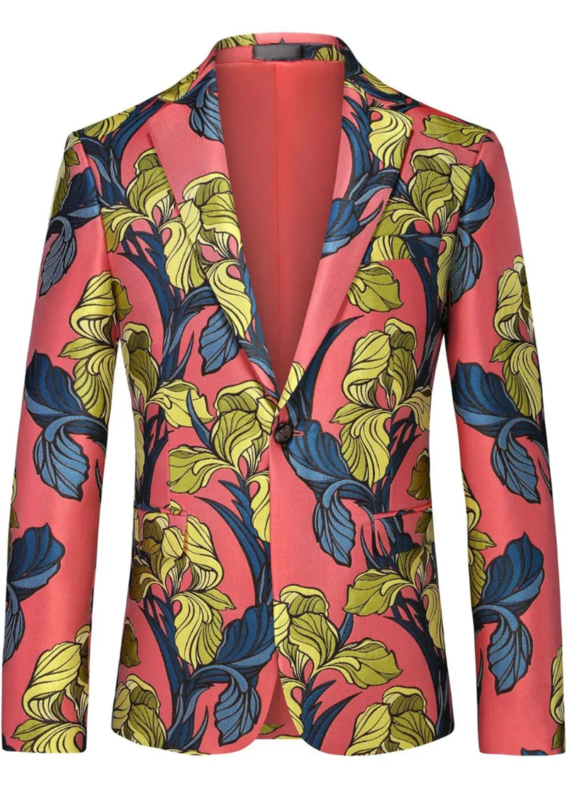Men's Floral Jacquard Red Suit Jacket with One Button