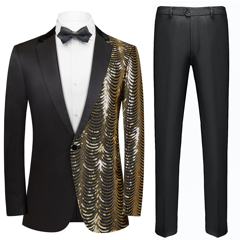 Men's 2-Piece Gold Sequin Water Ripples Black Suit