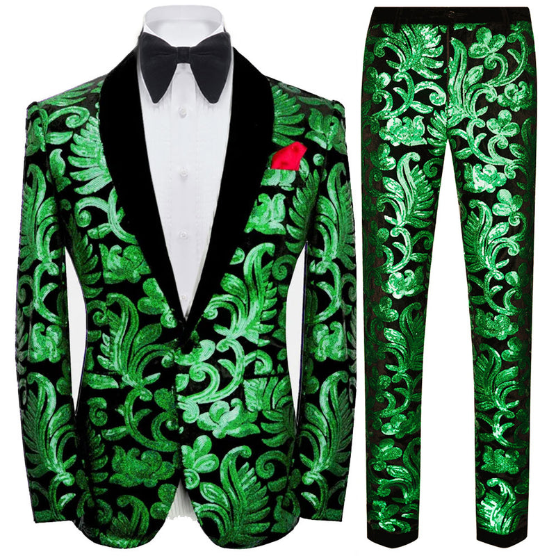 Men's 2-Piece Blossom Green Sequin Tuxedo Shawl Collar