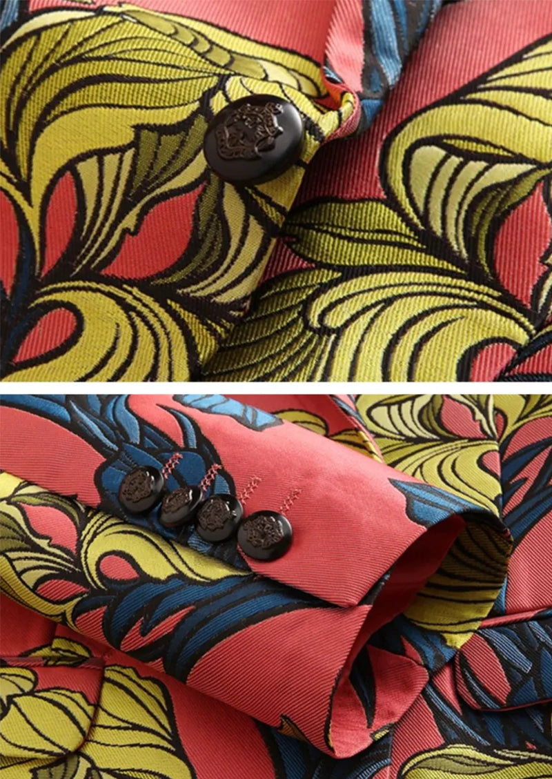 Men's Floral Jacquard Red Suit Jacket with One Button