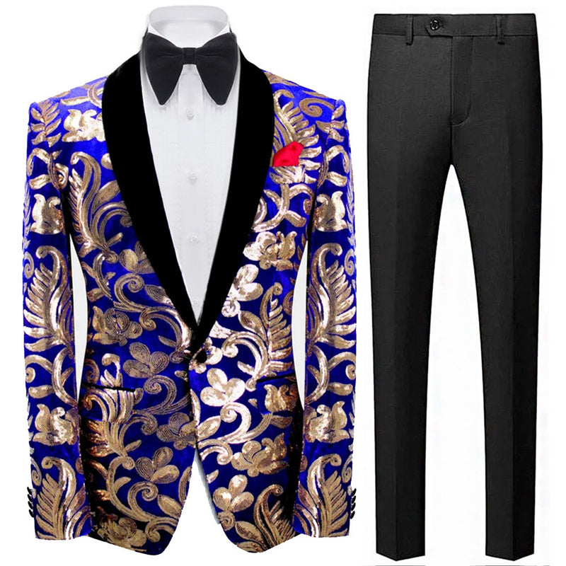 Men's Royal Vintage Gold Floral Sequin Blue Tuxedo Jacket
