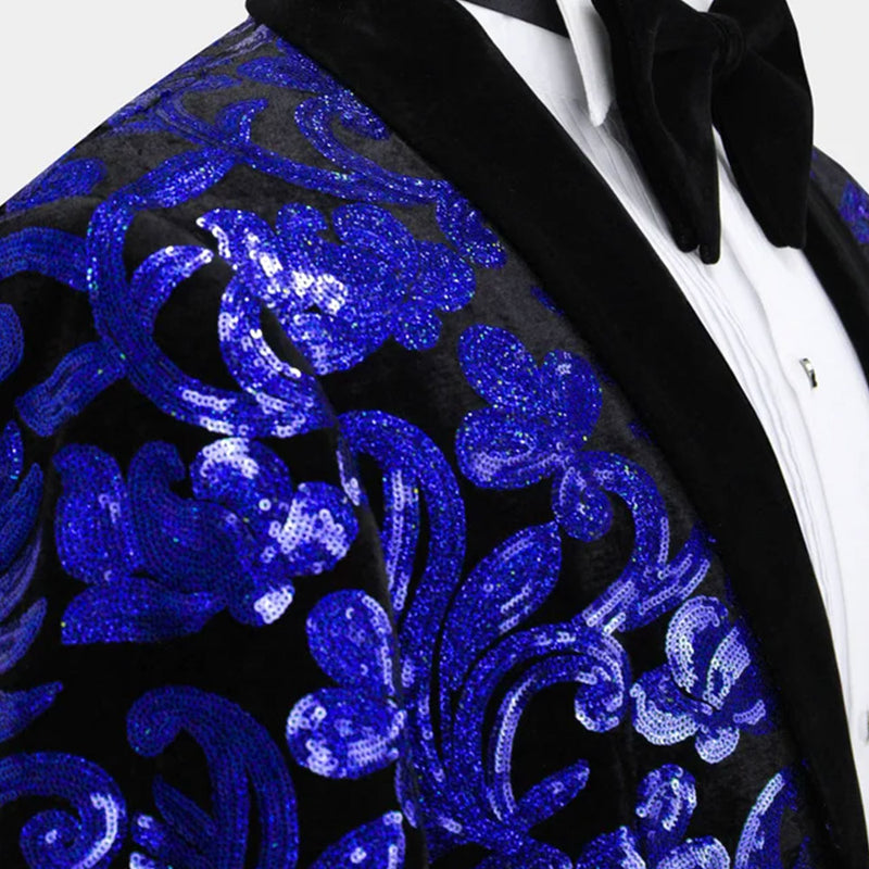 Men's Sparkle Floral Blue Sequin Tuxedo Jacket