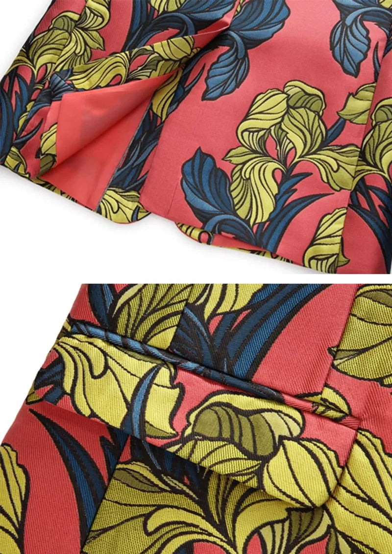 Men's Floral Jacquard Red Suit Jacket with One Button