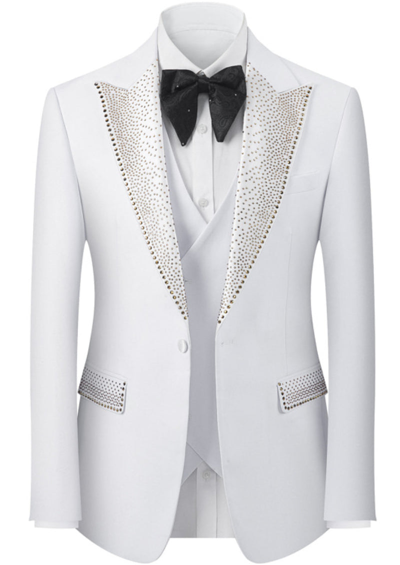Men’s White 3-Piece Diamond Peak Lapel Dress Tuxedo Set