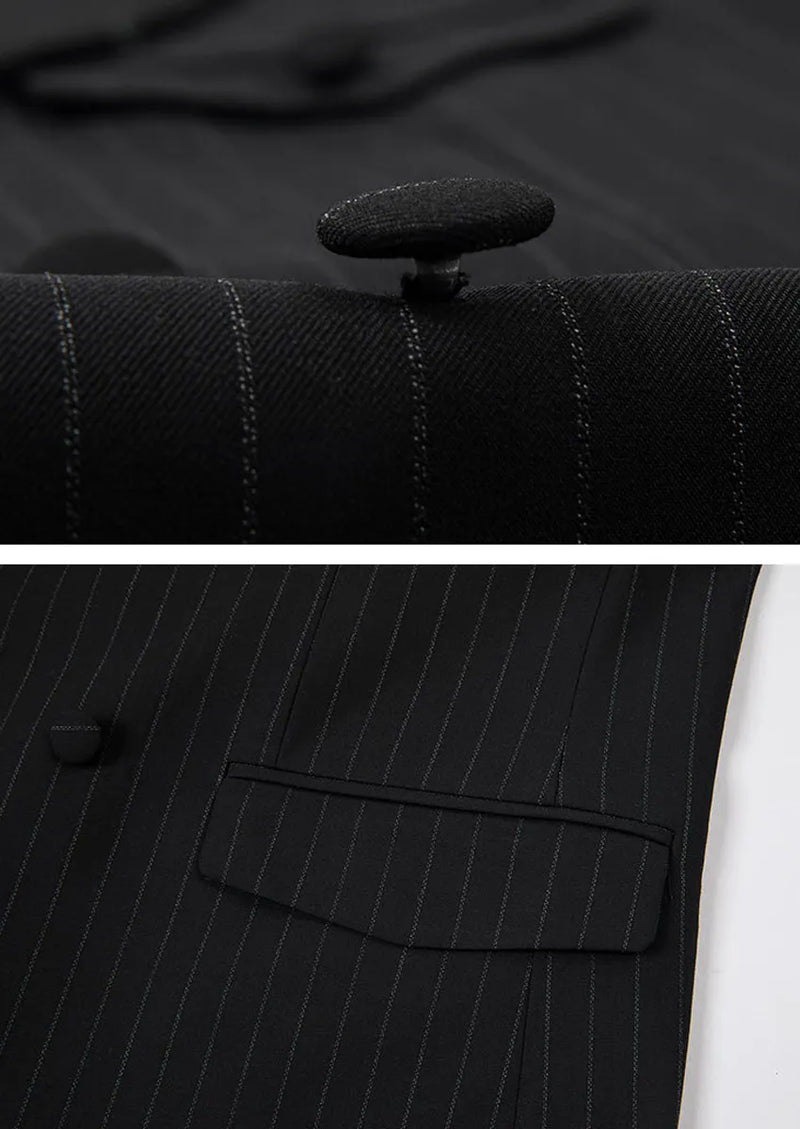 Traje casual negro de dos piezas con cuello y rayas decorativas para hombre