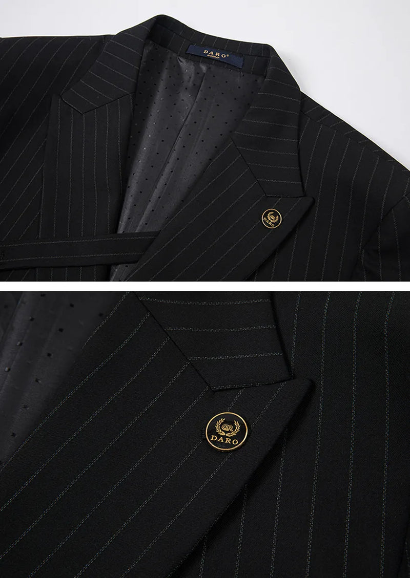 Traje casual negro de dos piezas con cuello y rayas decorativas para hombre