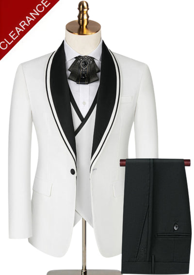 Men's 3-Piece One-Button Black Lapel White Tuxedo